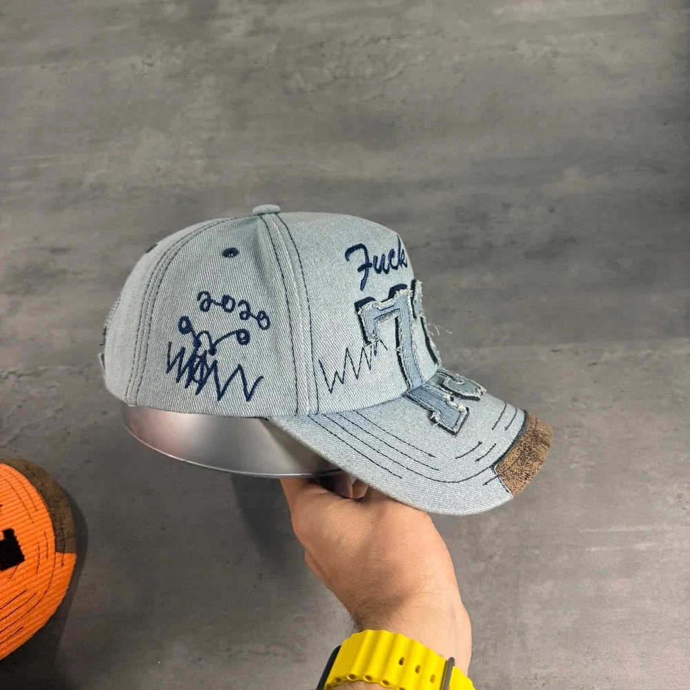 Asspizza‎ 730 F*** Life Hat Light Blue Denim Distressed Austin Babbitt Star Cap